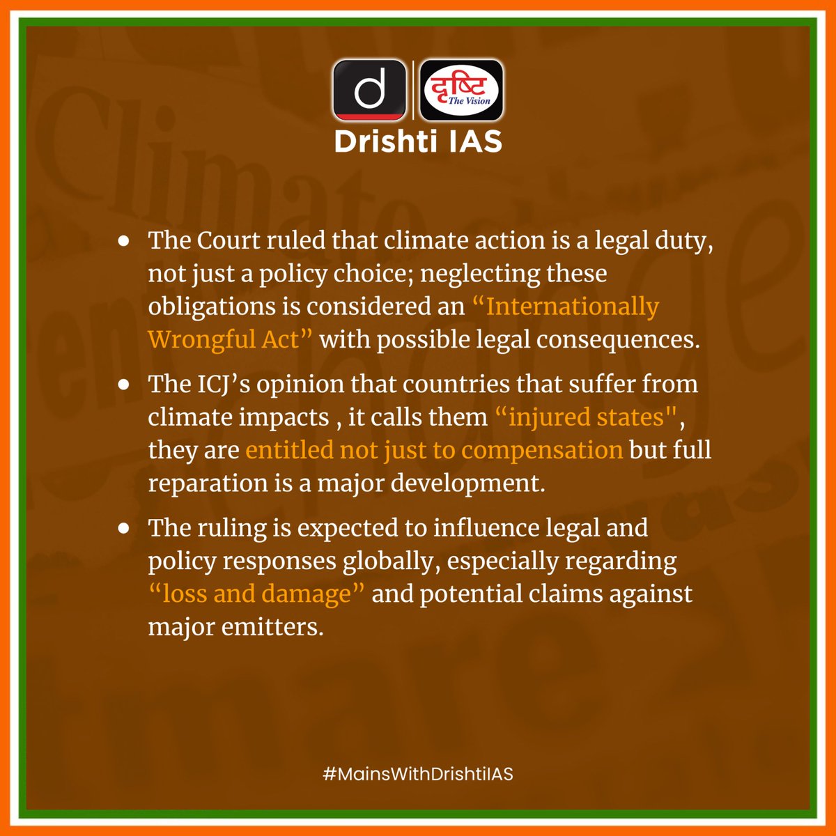 drishtiiaseng's tweet photo. Climate action is now a legal duty, not just a choice. ICJ’s historic opinion strengthens global accountability on emissions.
#MainsWithDrishtiIAS #GS3WithDrishtiIAS #GS3 #Environment #ClimateJustice #ICJOpinion #InternationalLaw #LossAndDamage #ClimateResponsibility #EnvironmentalLaw #GlobalSouthVoice #UPSC #DrishtiIAS #DrishtiIASEnglish