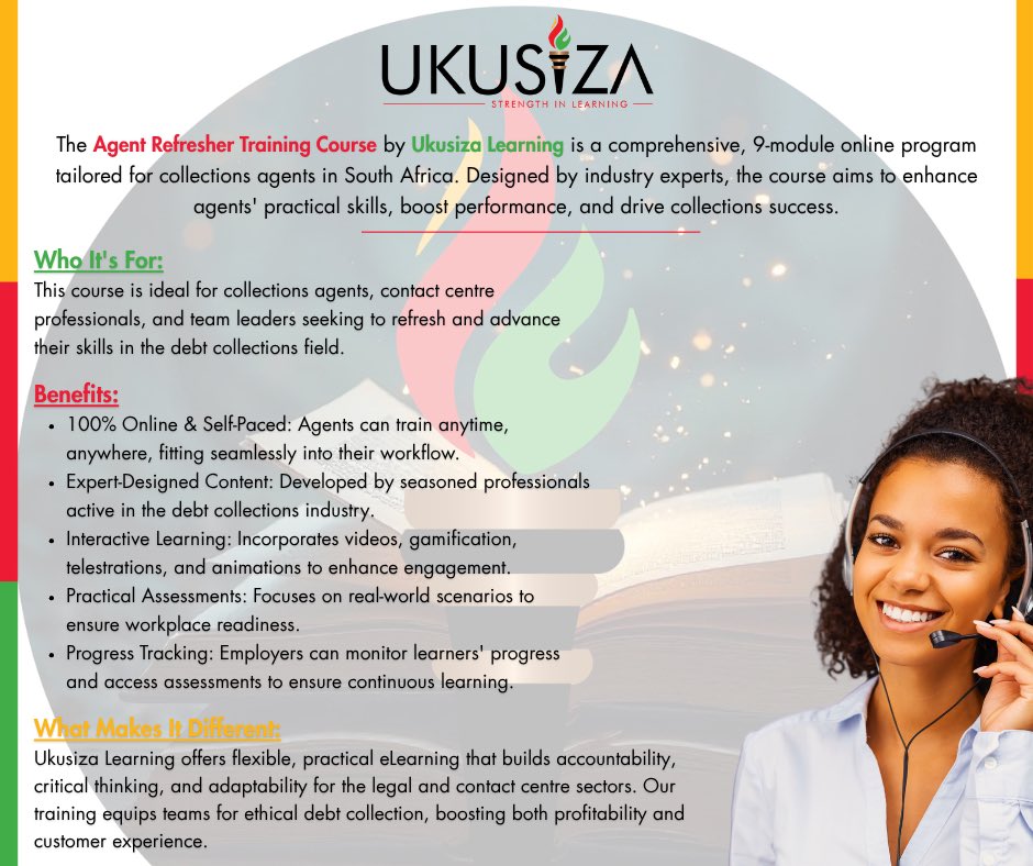 UkusizaLearning's tweet image. Boost your team’s performance with Ukusiza Learning’s 100% online Agent Refresher Training, designed for SA debt collection pros. Practical skills, real results. 🚀

#DebtCollectionTraining #UkusizaLearning #WorkplaceReadiness