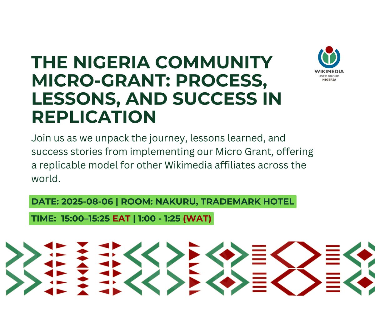 Wikimedia User Group Nigeria (@wikimediang) on Twitter photo Join us as we share how the Wikimedia User Group Nigeria is empowering local projects through its Micro-Grant Scheme 
wikimedia.eventyay.com/talk/wikimania…
We’ll explore how to design impactful grants, support community-led initiatives, and build a model that affiliates around the world can Join us as we share how the Wikimedia User Group Nigeria is empowering local projects through its Micro-Grant Scheme 
wikimedia.eventyay.com/talk/wikimania…
We’ll explore how to design impactful grants, support community-led initiatives, and build a model that affiliates around the world can