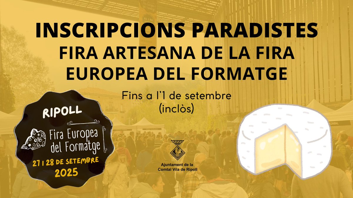ℹ️ Les inscripcions per als paradistes que vulguin participar en la fira artesana de la Fira Europea del Formatge de #Ripoll (27 i 28 de setembre del 2025) estan obertes fins a l’1 de setembre (inclòs).

🔗 Tota la informació i formulari: ripoll.cat/inscripcions-d…