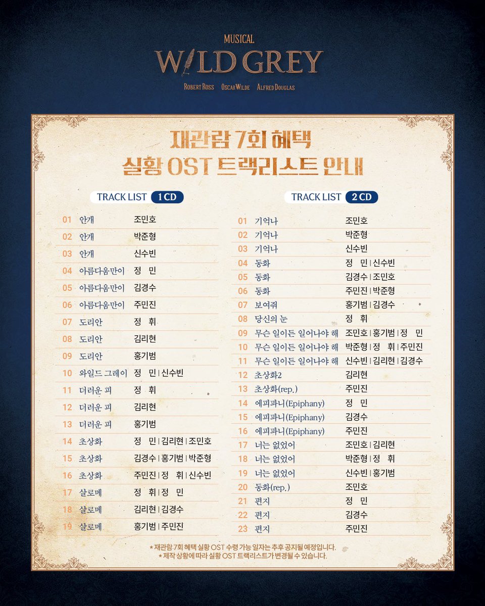 [뮤지컬 #와일드그레이]

🌻실황 OST 트랙리스트 안내

재관람 카드 7회차 혜택인 실황 OST 트랙리스트 안내드립니다.
자세한 내용은 이미지로 확인해 주시기 바랍니다.

링크아트센터 벅스홀
2025.05.21 - 08.17

#뮤지컬 #와일드그레이 #실황OST