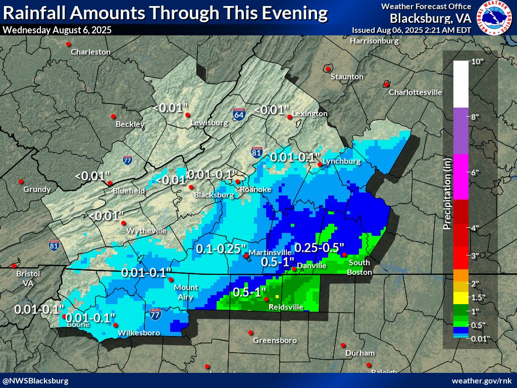 A disturbance will ride over a wedge of cool air, bringing rain to areas along and east of the Blue Ridge today. The heaviest rain (around an inch) will pass over the Piedmont.