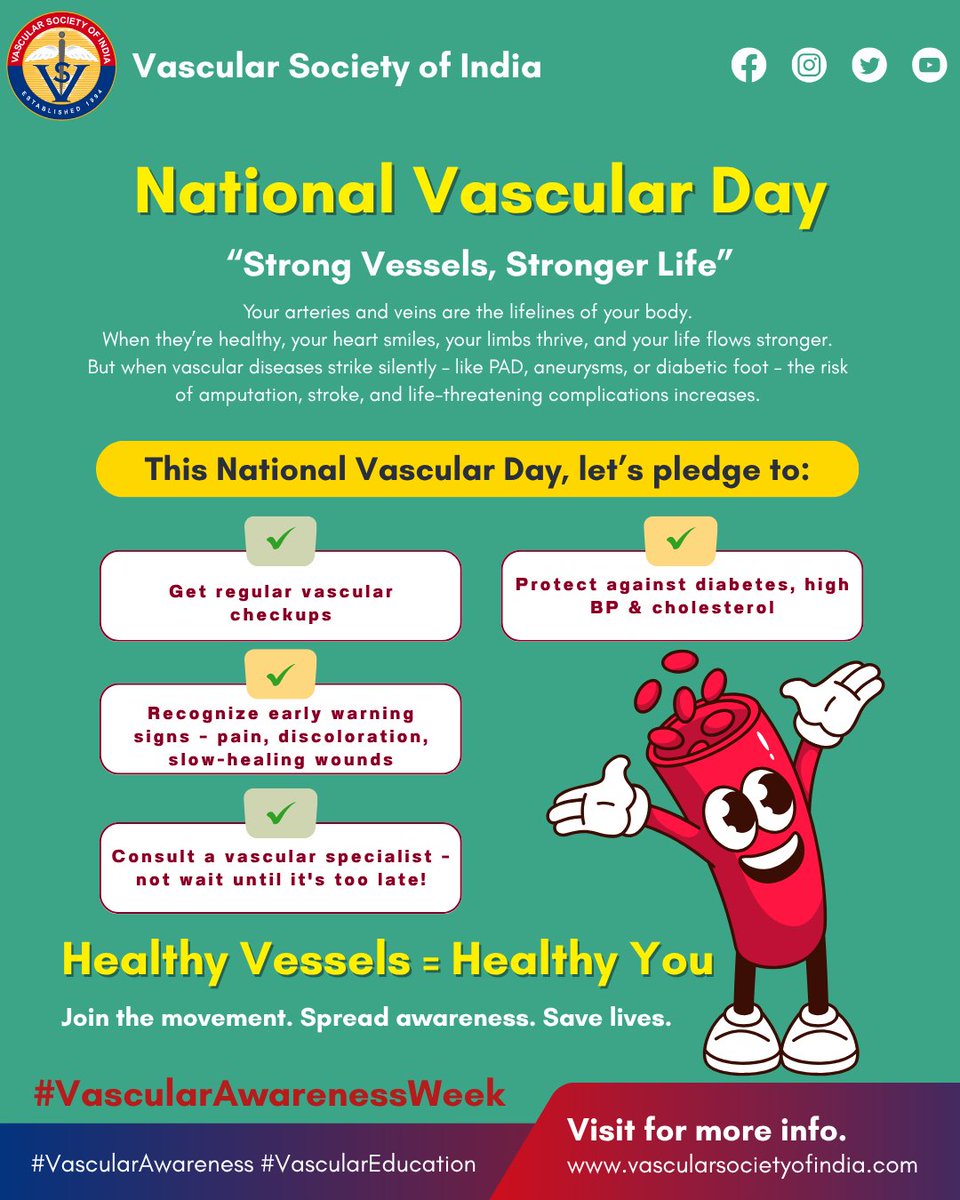 Vascular_India's tweet photo. 🫀 National Vascular Day
Your blood vessels carry life — don’t ignore them.
✔️ Get screened
✔️ Control diabetes & BP
✔️ Know the signs of vascular disease
Save Limbs, Save Lives.
#NationalVascularDay #VascularAwarenessWeek #VascularSocietyOfIndia https://t.co/sh7umRyrbZ