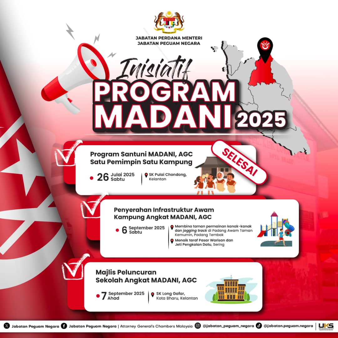 Pakat Maghi Blako Deh‼️

Inisiatif Program MADANI 2025

📍Majlis Penyerahan Infrastuktur Awam Kampung Angkat MADANI dan
📍Majlis Peluncuran Sekolah Angkat MADANI, Jabatan Peguam Negara.

📆 6 dan 7 September 2025 

𝗗𝗶𝗿𝗮𝘀𝗺𝗶𝗸𝗮𝗻 𝗼𝗹𝗲𝗵: 
Tan Sri Mohd Dusuki bin Mokhtar