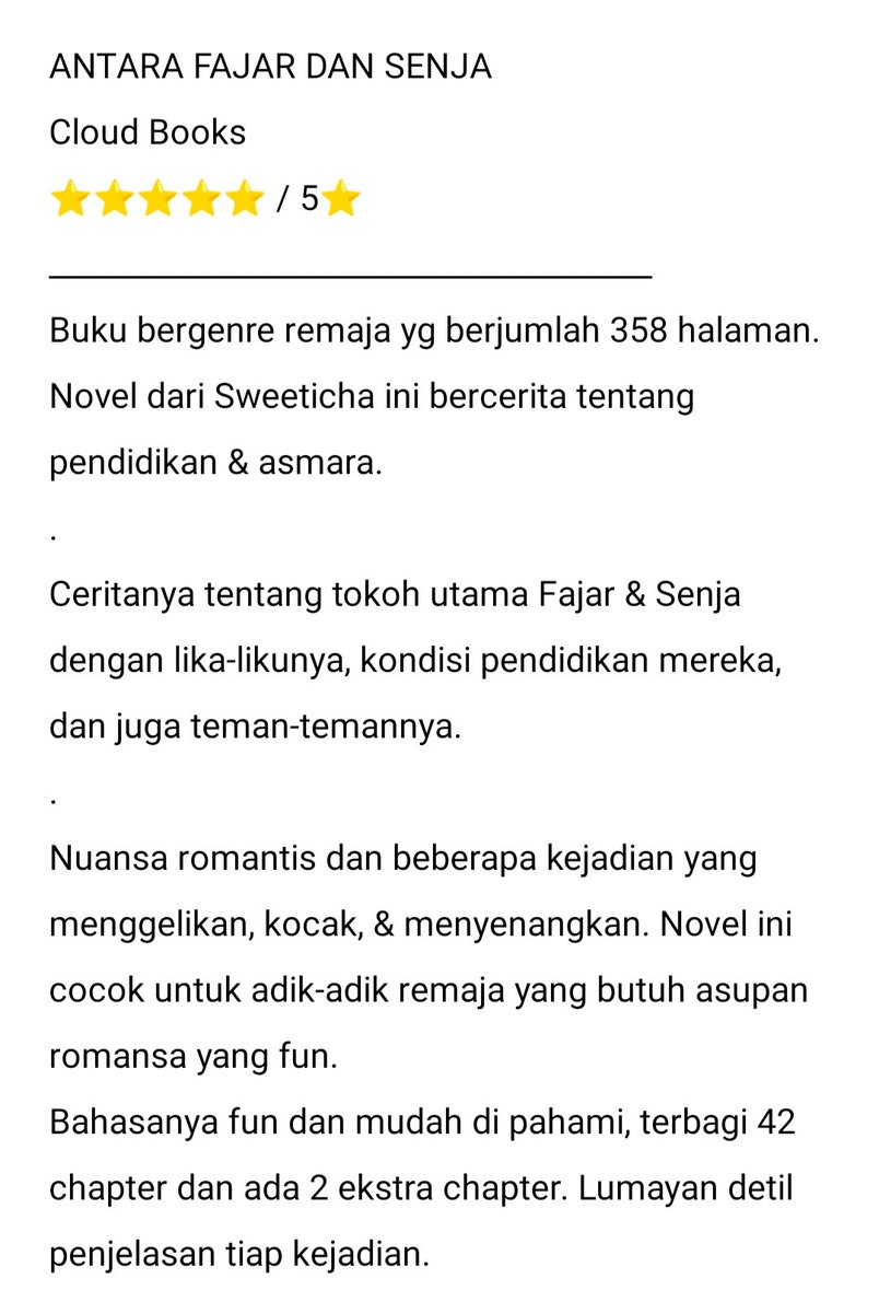 DyahVia's tweet photo. Untuk isi waktu luang, ngeriview aja lah coba-coba🤣
.
.
#antarafajardansenja #cloudbooks #novel #novelremaja #novelroman #sweeticha #fyp #fyp https://t.co/TXE2mWY42u
