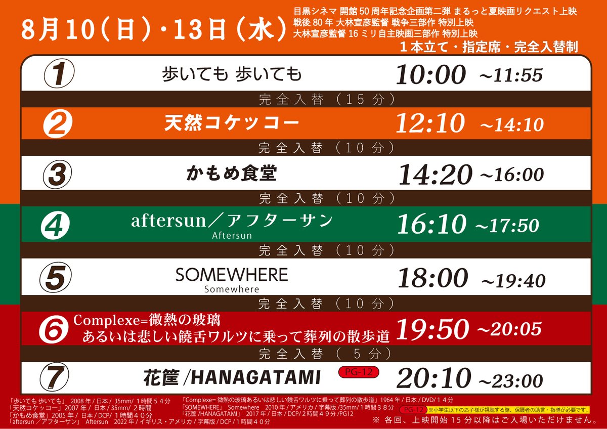 megurocinema's tweet image. 【🎊初日です🎊】

📅8/10㊐

『歩いても 歩いても』
『#天然コケッコー』
『#かもめ食堂』
『#aftersun／アフターサン』
『#SOMEWHERE』
🎦一律1400円

『#Complexe=微熱の玻璃あるいは悲しい饒舌ワルツに乗って葬列の散歩道』
🎦一律1000円

『#花筐/HANAGATAMI』
🎦一律1600円