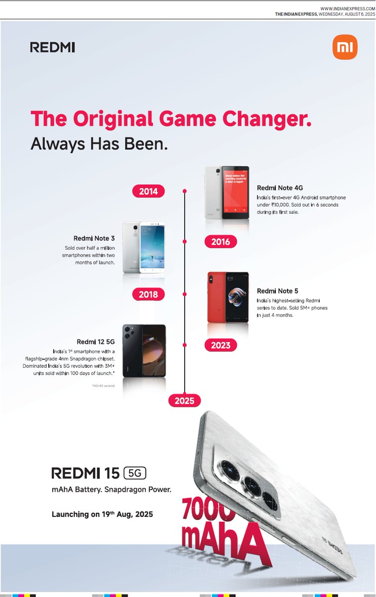 Redmi changed the game once. Then kept doing it, again and again.  

What started as a value disruptor is now a brand driven by ambition, edge, and bold ideas.  

Today’s print ad tells that story. 
The new REDMI is here.
