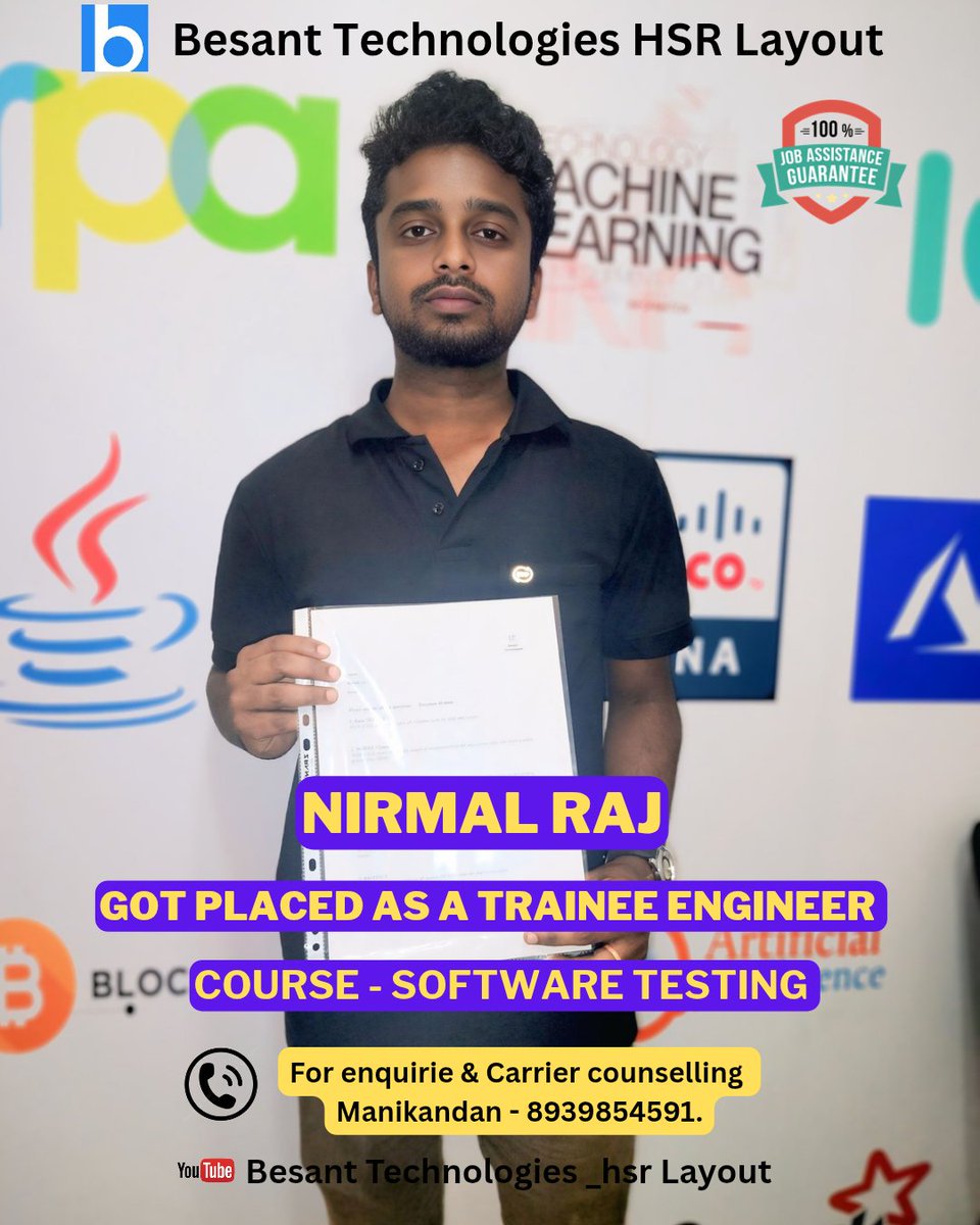 besantHsrLayout's tweet photo. Congratulations Nirmal Raj For Getting Placed As A Trainee Engineer From Besant Technologies HSR Layout Branch ! 🤝🎉❤‍🔥

For enquiry &amp; carrier counselling : Manikandan - 8939854591

#congratulationsagamuhlach
#besanttechnologies
#besanttechnologieshsr https://t.co/QxyOgFarCf