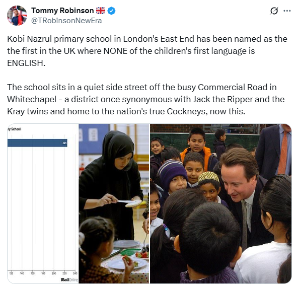 🚨THIS POST GOT TOMMY ROBINSON ARRESTED

He made a truthful statement about a school where none of the children spoke English as a first language

Why are people getting arrested for social media posts? 🤦

⬇️
