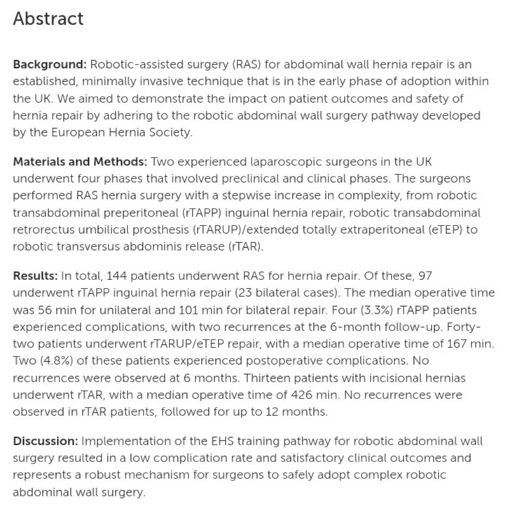 DerbyPBunit's tweet image. Pleased to share our publication in @JoAWSurgery describing the outcomes during the learning curve and implementation of the @eurohernias guidelines for RAWS in the UK.

First UK based paper describing the implementation of the EHS pathway.

Many thanks to @FilipMuysoms and…