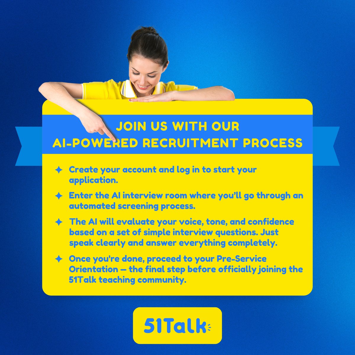 51TalkPH's tweet image. Smart. Fast. Hassle-free.

Apply with AI and start teaching from anywhere with 51Talk.

Begin today: bit.ly/TeachAt51TalkT…

#SmartTeaching #TeachAtHome #Proudly51Talk