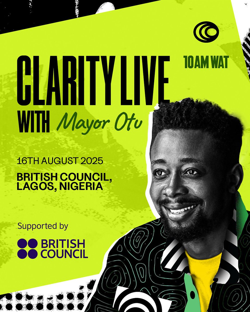 TheMayorOtu's tweet photo. Exciting news! 

Clarity Live is coming to Lagos! 

Join us for an unforgettable session of learning business and strategy for creative business growth.

📍British Council, Lagos, Nigeria. 16th August, 2025
⏰ 10am  
#CreativeShowcaseNG #BCArtsSSA #IAm4Art https://t.co/VQCHapNXA6