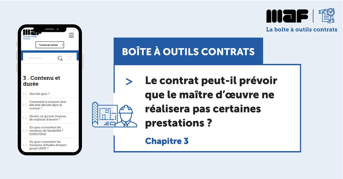 [Boîte à outils contrats]

Le contrat peut-il prévoir que le maître d’œuvre ne réalisera pas certaines prestations ?

Retrouvez nos conseils de rédaction dans le chap 3 de la boîte à outils contrats au point 3.2 « Comment la mission doit-elle être décrite dans le contrat ? ».