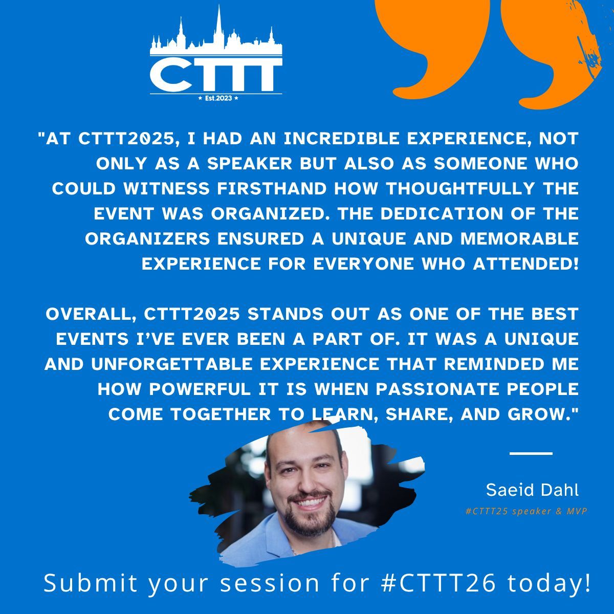 Cloud Tech Tallinn #CTTT (@ctechtallinn) on Twitter photo Passionate people, great networking and amazing atmosphere are just some of the things you can experience at #CTTT26.
So make sure you hear what <a href="/saeiddahl/">Saeid Dahl</a> has to say and submit your sessions: ctttallinn.cloud/cfs
#VisitTallinn #CallForSpeakers #CloudTech #Community #Azure Passionate people, great networking and amazing atmosphere are just some of the things you can experience at #CTTT26.
So make sure you hear what <a href="/saeiddahl/">Saeid Dahl</a> has to say and submit your sessions: ctttallinn.cloud/cfs
#VisitTallinn #CallForSpeakers #CloudTech #Community #Azure