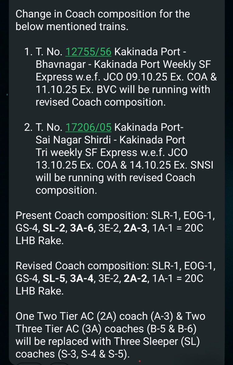 Train.No. 12755/56 Kakinada Port- Bhavanagar - Kakinada Port Weekly SF Express and rake sharing Train.No. 17205/06 Kakinada Port- Sai nagar shiridi- Kakinada Port Tri weekly express coach compostion will be changed from 9th oct 2025 and 13 oct 2025 .