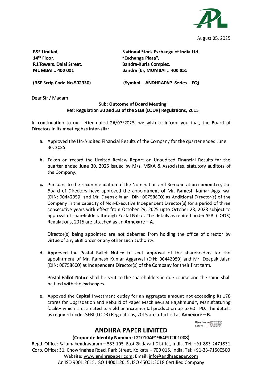 stocknewslatest's tweet image. #ANDHRAPAP Andhra Paper&apos;s board approved Q1 FY25 results. It also approved a capital outlay of Rs. 178 Cr for Paper Machine-3 upgrade and appointment of two new independent directors, Mr. Ramesh Kumar Aggarwal and Mr. Deepak Jalan, subject to shareholder approval.#StocksInFocus