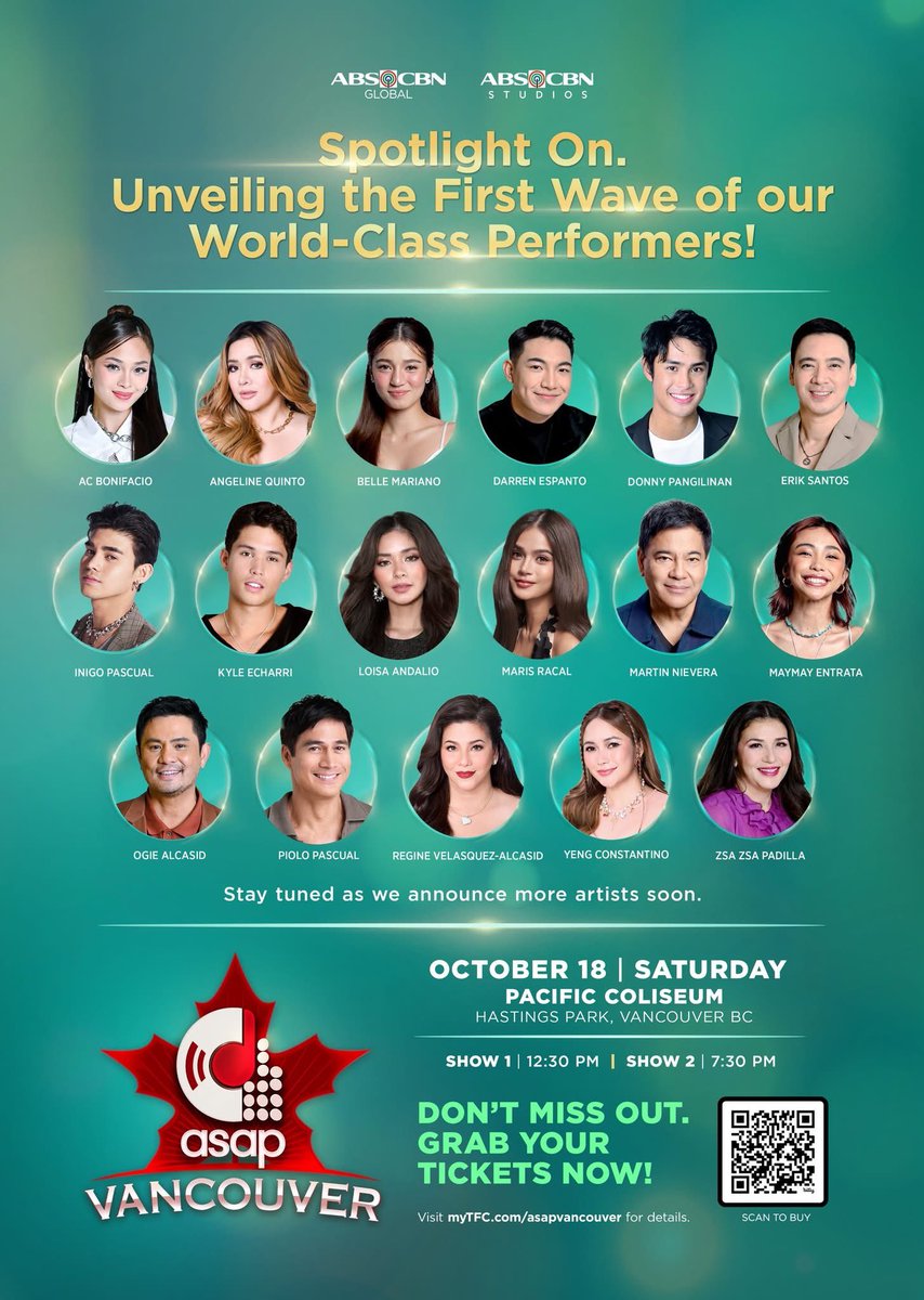 KAPAMILYAS IN VANCOUVER! 🍁 Here are your first batch of ASAP artists na makakasama sa saya on October 18, 2025 at the Pacific Coliseum, Hastings Park, Vancouver, BC! ❤️💚💙

GET YOUR TICKETS NOW 👉 ticketleader.ca/events/detail/…
#ASAPVancouver #ASAP30