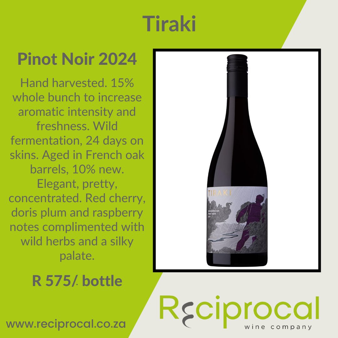 WINE WEDNESDAY

Our featured wine this week is the Tiraki Pinot Noir 2024 from Marlborough, New Zealand.

View the wine on our website --> reciprocal.co.za/products/pinot…

#reciprocalwines #itsreciprocal #winewednesday #tirakiwines #marlboroughwines #winesofnewzealand