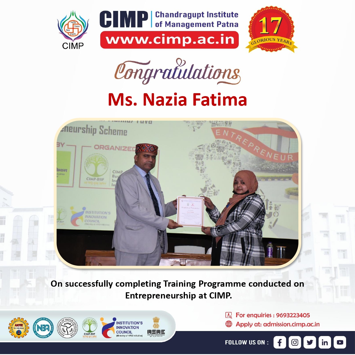 cimp.ac.in 

CIMP Congratulates Nazia Fatima on successfully Completing Training Programme conducted on Entrepreneurship at CIMP.