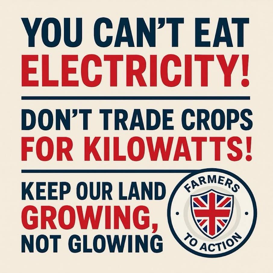 BritishFarmNet's tweet photo. 🚜⚡ You can’t eat electricity!
Trading farmland for solar farms or data centers is short-sighted.

🌾 Keep our land growing, not glowing.
Food security matters.
#FarmersToAction #SaveOurFarms #FoodOverFuel #SustainableFarming https://t.co/tjMqi7Cdgj