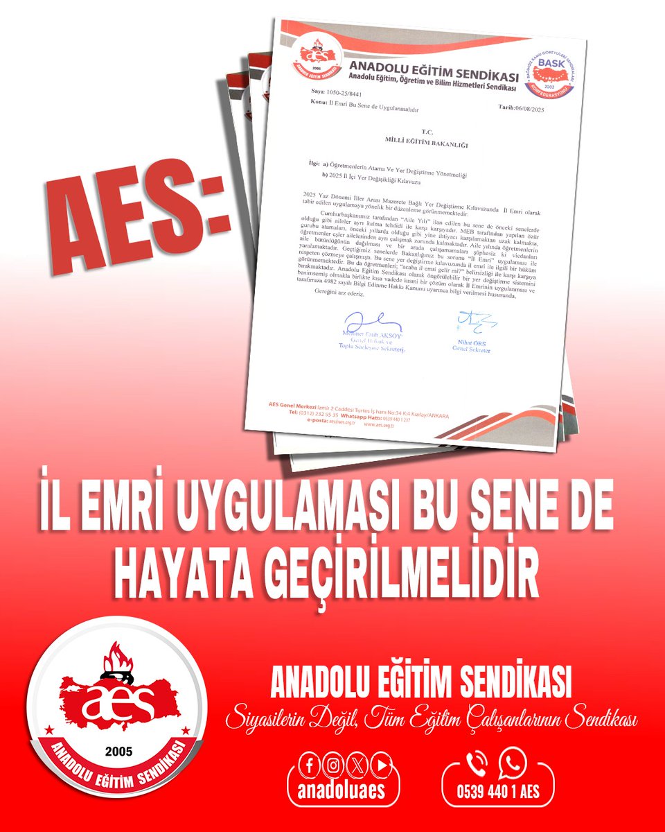 AES: İL EMRİ UYGULAMASI BU SENE DE HAYATA GEÇİRİLMELİDİR

Cumhurbaşkanımız tarafından “Aile Yılı” ilan edilen bu sene de önceki senelerde olduğu gibi aileler ayrı kalmasın. MEB tarafından yapılan özür gurubu atamaları, önceki yıllarda olduğu gibi yine ihtiyacı karşılamaktan uzak