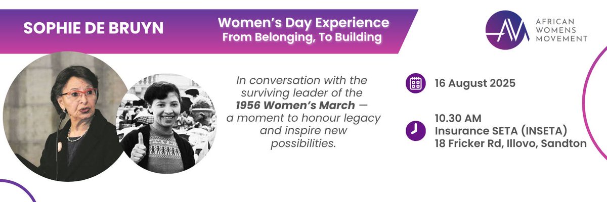 AWMLead's tweet photo. We are proud that we secured Sophie De Bruyn as our speaker on 16 August.

Our Board Chair @Umkhitha, will facilitate a fire-side style of chat with her - the last surviving leader of the 1956 Women's March to the Union Buildings.

Pls join us - https://t.co/3wu1042efg https://t.co/w2gst2JljR