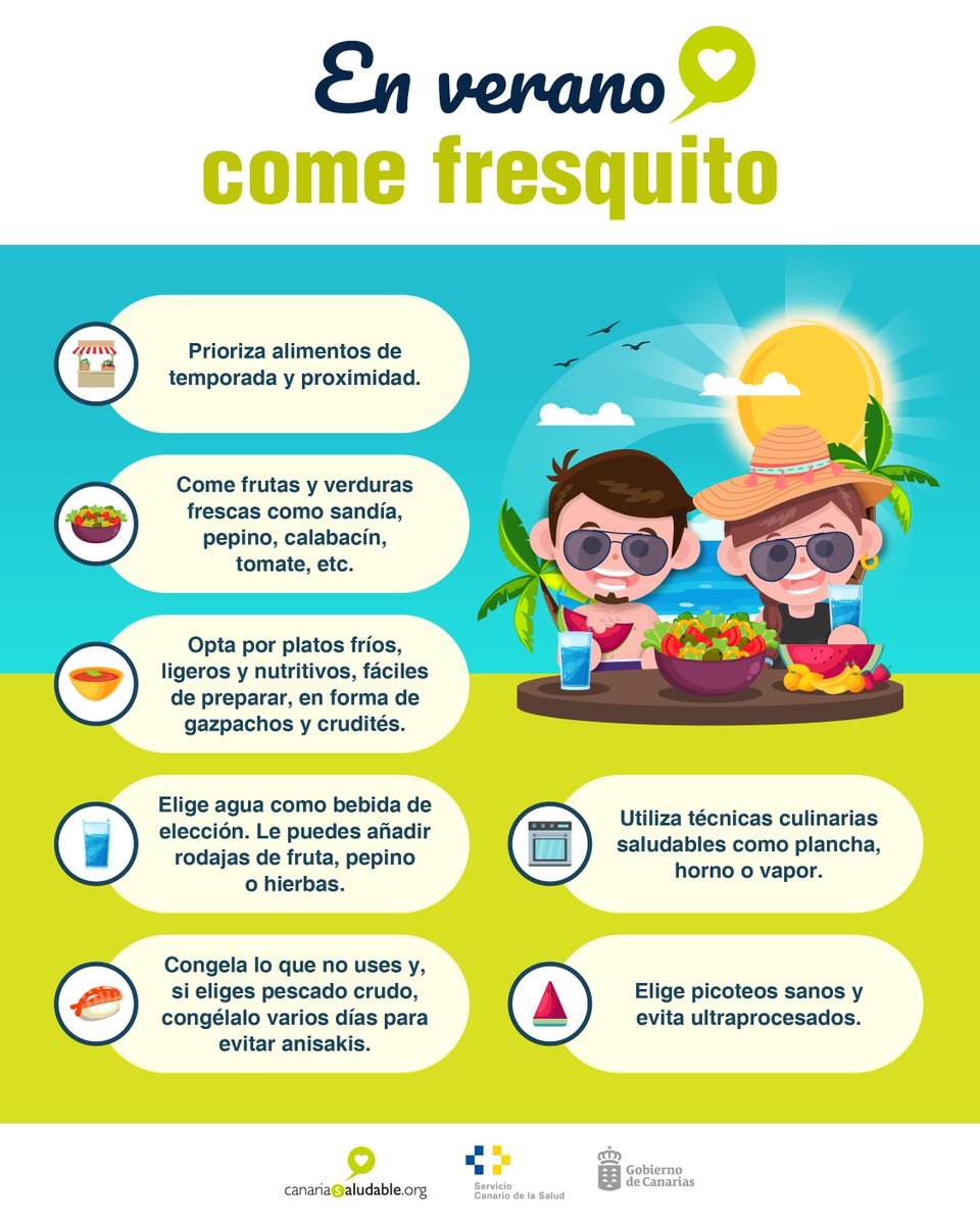 CanariaSaludable (@cansaludable) on Twitter photo #Verano
🍽️ ¡Cuida tu salud, come fresquito! 💥
¡Sigue las siguientes recomendaciones para tener una buena alimentación durante el verano!
<a href="/SanidadGobCan/">Sanidad Gobcan</a> <a href="/PresiCan/">Presidencia GobCan</a> <a href="/JuventudCanaria/">JuventudCanaria.com</a> <a href="/112canarias/">112 Canarias</a> <a href="/012Gobcan/">012Gobcan</a> #Verano
🍽️ ¡Cuida tu salud, come fresquito! 💥
¡Sigue las siguientes recomendaciones para tener una buena alimentación durante el verano!
<a href="/SanidadGobCan/">Sanidad Gobcan</a> <a href="/PresiCan/">Presidencia GobCan</a> <a href="/JuventudCanaria/">JuventudCanaria.com</a> <a href="/112canarias/">112 Canarias</a> <a href="/012Gobcan/">012Gobcan</a>