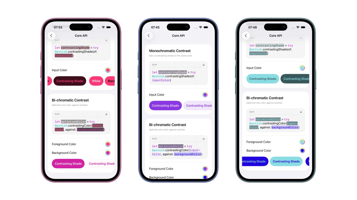 Excited to reintroduce Garnish, a Swift Package for intelligent contrast in your UI. Great for accessibility and visual harmony. 

→ github.com/Aeastr/Garnish

Calculates optimal colors, adapts palettes, suggests font sizes, and provides extensive math/color functions for advanced