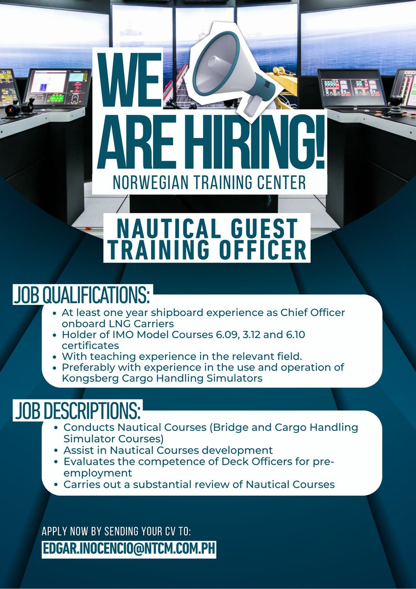 𝐖𝐄 𝐀𝐑𝐄 𝐇𝐈𝐑𝐈𝐍𝐆!
We are looking for a Nautical Guest Training Officer!
Kindly send your applications to edgar.inocencio@ntcm.com.ph if interested.
#NTCcareers #wearehiring #maritimeinstructors #maritimejobsphilippines #maritimetraining #norwegiantrainingcenter #ntc
