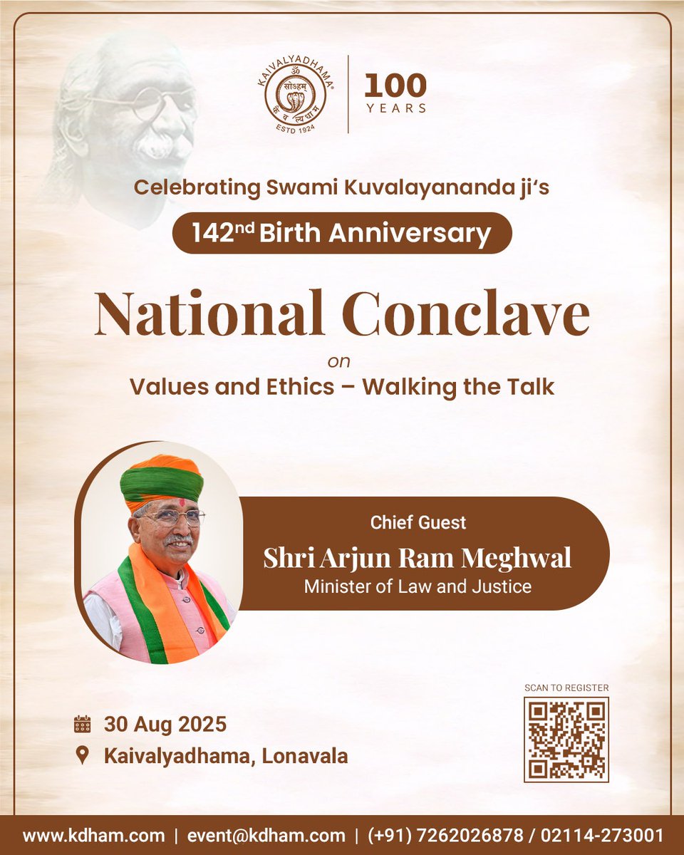 On the auspicious occasion of Swami Kuvalayananda Ji’s 142nd Birth Anniversary, Kaivalyadhama is hosting the National Conclave on "Values and Ethics – Walking the Talk".

Register at kdham.com/national-concl…
🗓️ 30 August 2025 
📍 Kaivalyadhama, Lonavala

#Kaivalyadhama #Kdham100