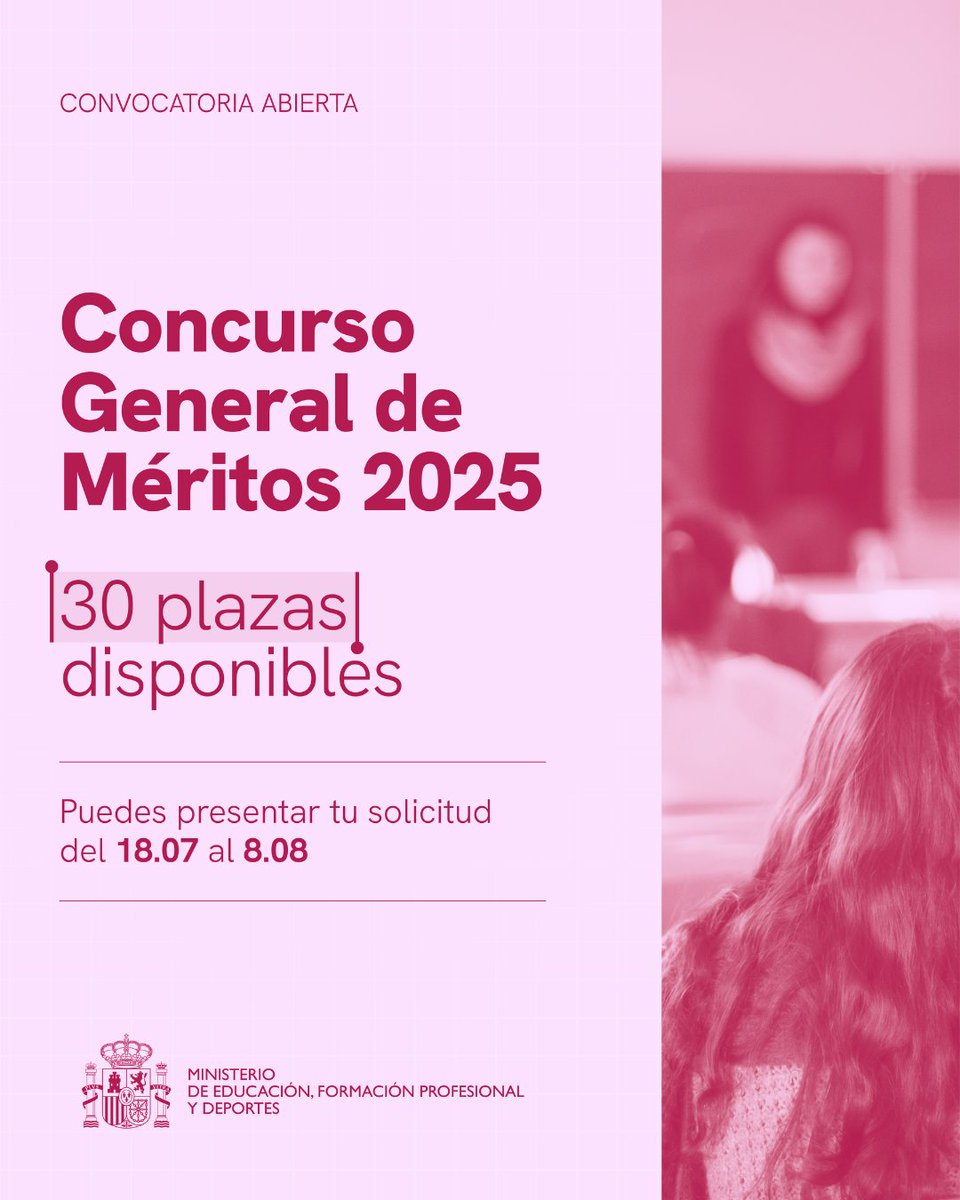 🔔 ¡Últimos días! El plazo para el Concurso de Méritos 2025 termina el 8 de agosto.
🖥️ Tramitación vía Funciona. Se valora la conciliación.
🔗 Detalles aquí: educacionfpydeportes.gob.es/servicios-al-c…

#EmpleoPúblico #MinisterioEducación