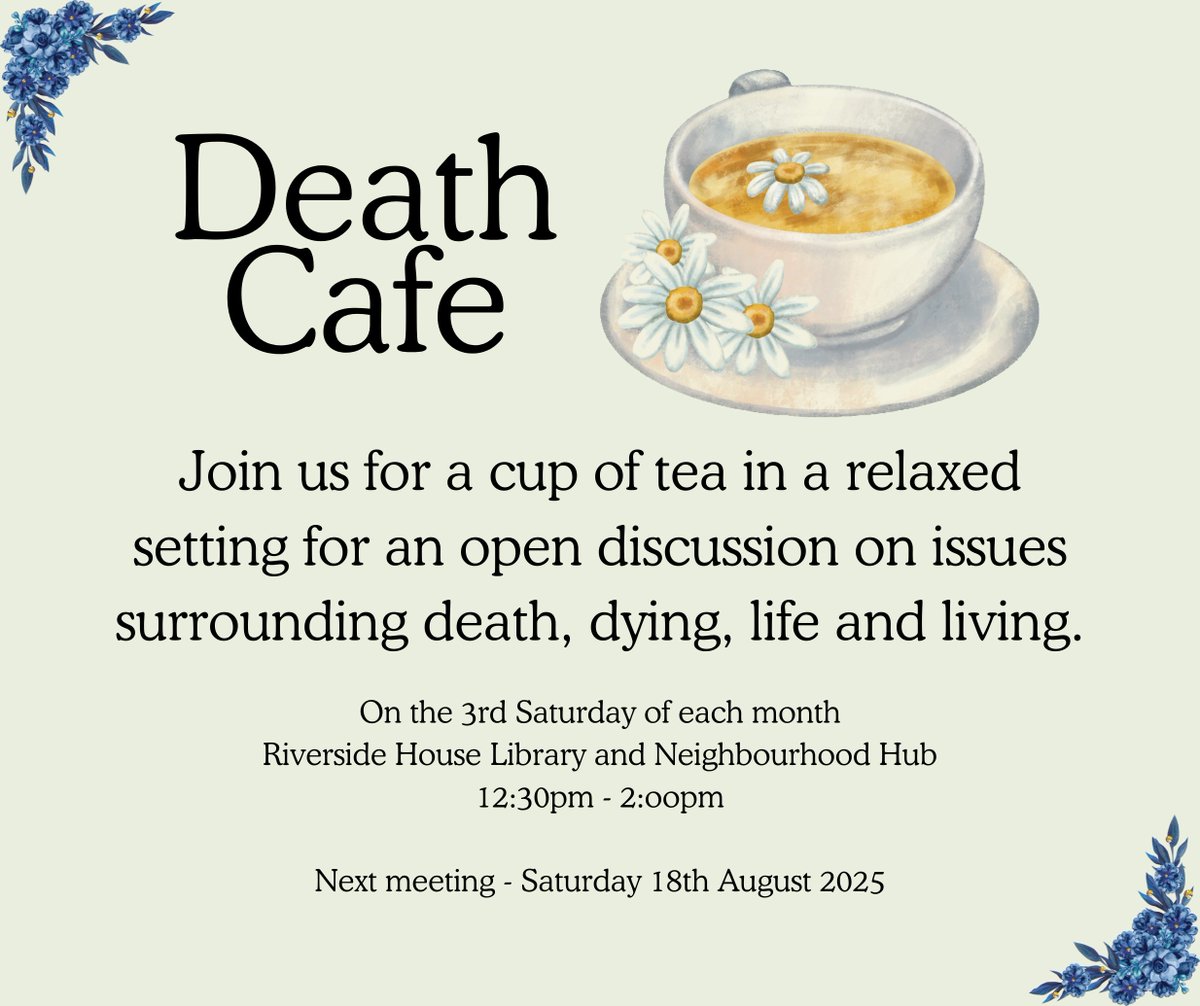 RothLibraries's tweet image. Grab a cup of tea and join us while we chat about all matters life and death.
Rotherham Central Library host an informal get together with no set agenda offering people a safe space to talk about their thoughts, feelings, and personal experiences about life and death.
Sat 12:30-2