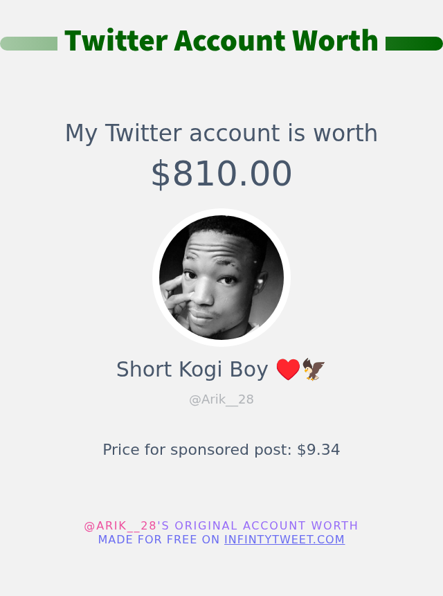 Arik__28's tweet photo. My Twitter worth is: $810.00

➡️ https://t.co/aycfMdz3wk https://t.co/YYjtP0Zley