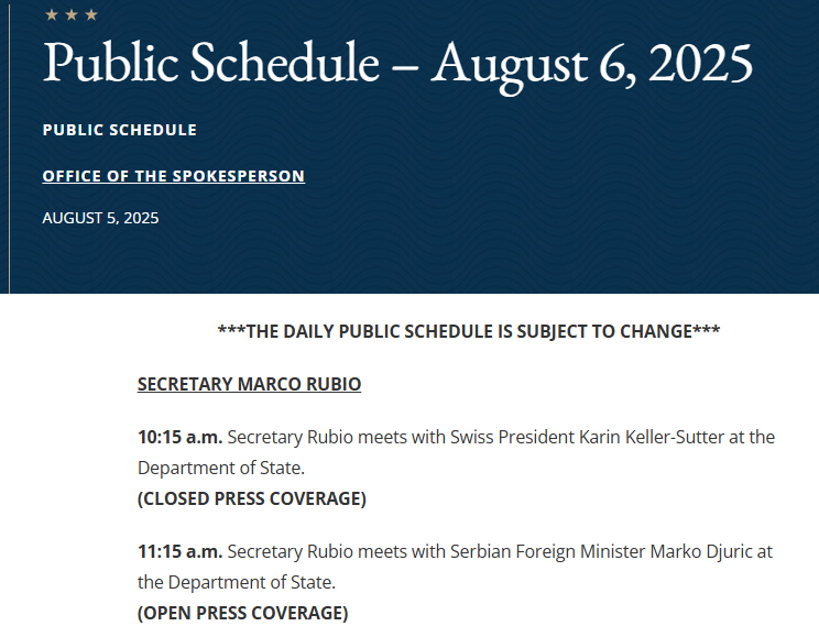 Gem. öffentlichem Kalender von Aussenminister #Rubio trifft er #KKS 10:15 - 11:15 im Aussenministerium. Nicht viel Zeit.

Zudem wird die Bundespräsidentin mit dem Aussenminister abgespiesen. #Trump kommt sicher nicht ins State Department.

Die Vorzeichen könnten besser stehen.