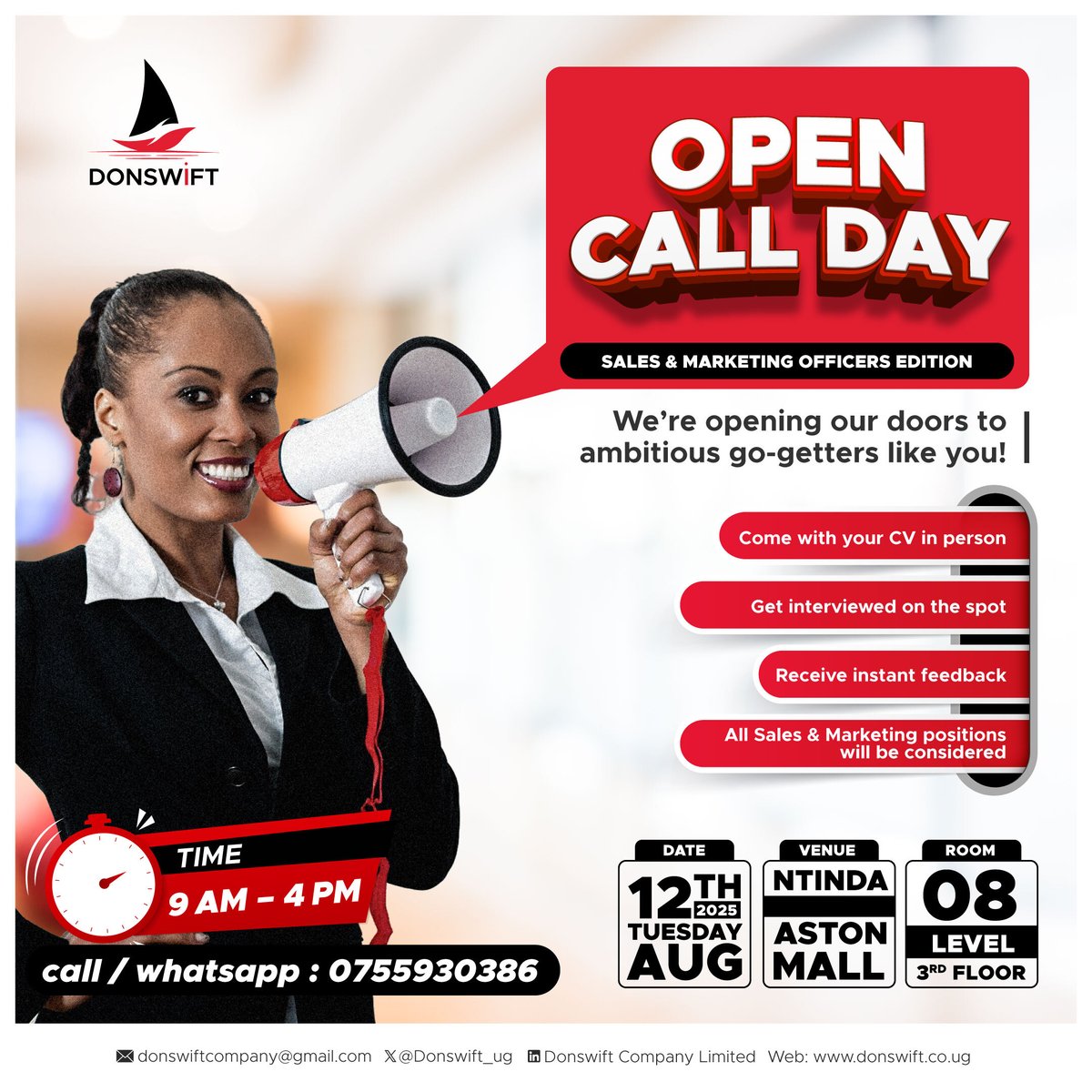 Donswift_ug's tweet image. Calling all ambitious go-getters! This is your chance to shine and fast-track your career in Sales &amp;amp; Marketing. 

Walk in confident, walk out closer to your dream job. 
                     Mark your calendar,12th August. 💃

See you then🤝 

#OpenDay #Donswift #SalesAndMarketing