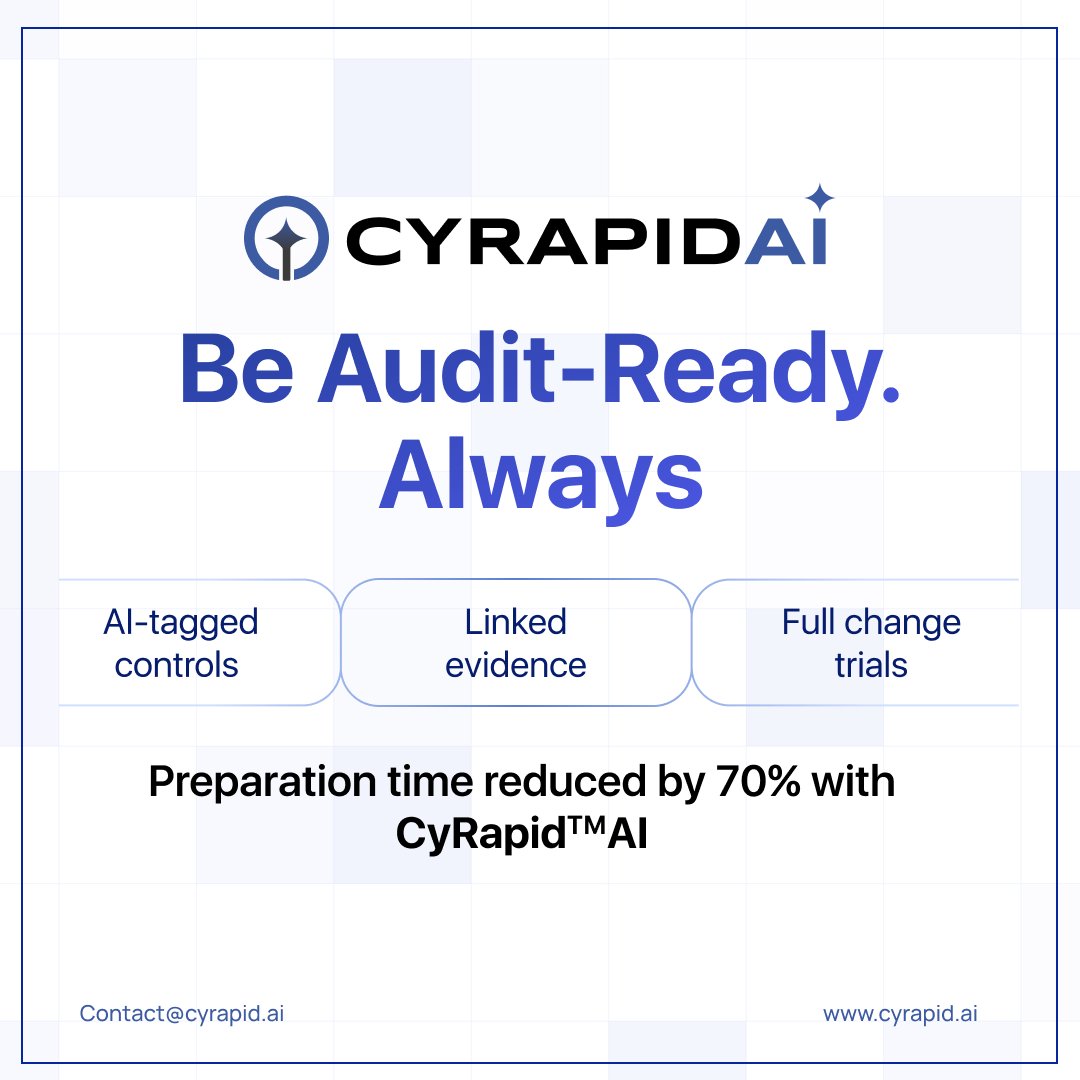 CYRAPID_GenAI's tweet image. Audit-ready. Always.
CYRAPID AI reduces prep time by 70% with AI-tagged controls, linked evidence &amp;amp; change trails.

👉 cyrapid.ai

#Compliance #AuditReadiness #CISO #CYRAPIDAI