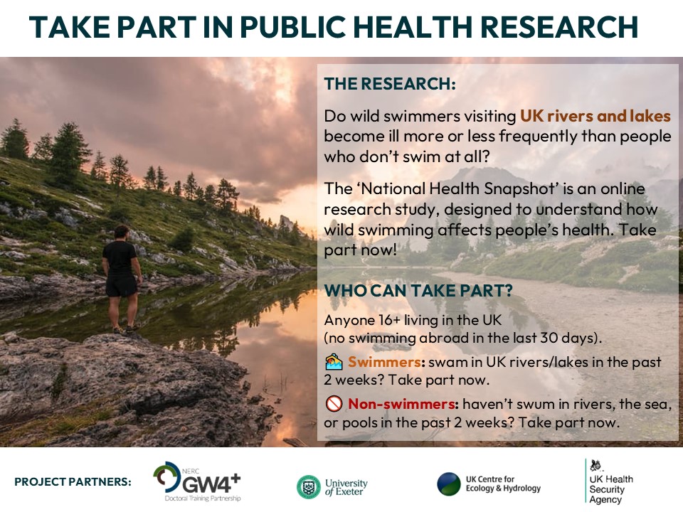 FreshwaterQuality (@freshwaterqual1) on Twitter photo 1/ 2 Do wild swimmers visiting UK rivers & lakes become ill more or less frequently than people who don’t swim at all?
Researchers at <a href="/UniofExeter/">University of Exeter</a> need your help to understand the health impacts of recreational use of our freshwater impacted by sewage-pollution & manure runoff. 1/ 2 Do wild swimmers visiting UK rivers & lakes become ill more or less frequently than people who don’t swim at all?
Researchers at <a href="/UniofExeter/">University of Exeter</a> need your help to understand the health impacts of recreational use of our freshwater impacted by sewage-pollution & manure runoff.