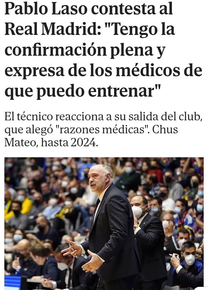 - Pablo Laso sufre un infarto.

- El Madrid prescinde de Laso por motivos médicos.

- Medios afines al Madrid intentan dejar en mal lugar a Laso.

- Pablo Laso dice que los médicos le dieron el visto bueno para seguir.

Esta gente te sermonea sobre Ter Stegen y su baja.