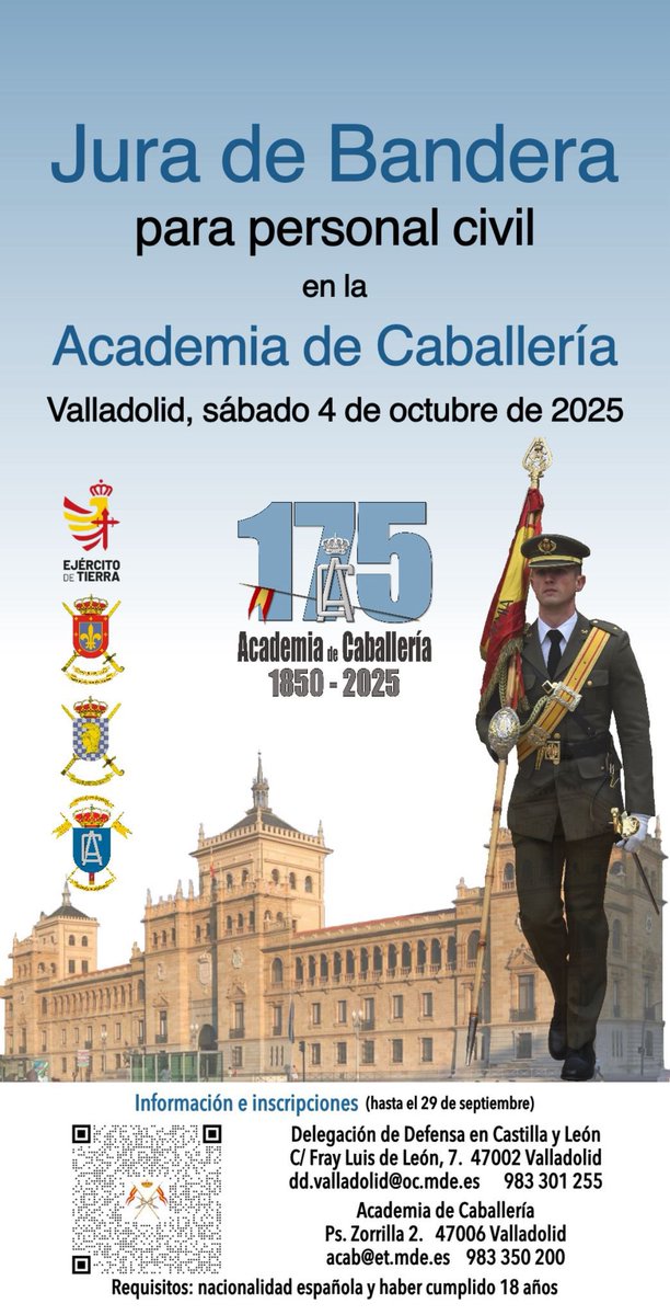 Con motivo del 175° aniversario de la Academia de Caballería de #Valladolid, el sábado 4 de octubre a las 11:30 h se celebrará una jura de bandera abierta a población civil 🇪🇸 en sus instalaciones.

📌 Inscripciones abiertas hasta el 29 de septiembre para participar como jurando.
