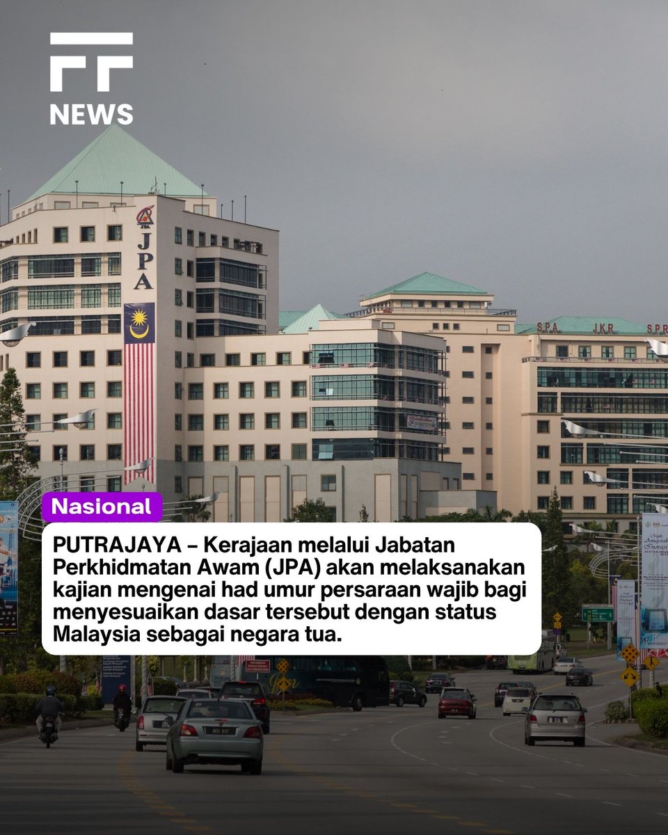 financialfaizn's tweet photo. PUTRAJAYA, 6 Ogos – Kerajaan arah JPA kaji semula had umur persaraan wajib. Cadangan naik ke 65 tahun belum dibawa ke Kabinet. Tujuannya sesuaikan dasar negara tua &amp; pastikan peluang pekerjaan serta kebajikan rakyat.

📌Sumber: Berita Harian
Artikel penuh
https://t.co/IcHeTdaQ3e https://t.co/Sqh41fbwiP