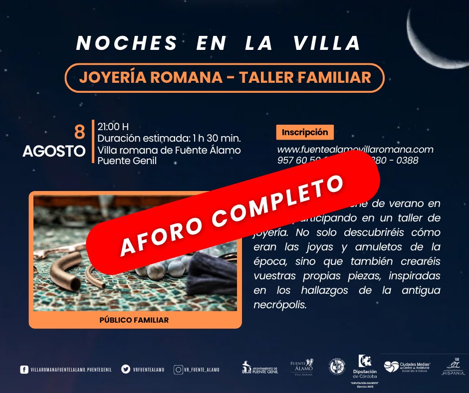 📢¡ATENCIÓN! ✨#nochesenlavilla

El #taller "Joyería Romana" 💎💍 del 8 de agosto tiene su aforo completo.

👏 ¡Gracias a todas las solicitudes recibidas! 😀
<a href="/VisitPteGenil/">Puente Genil Turismo</a> <a href="/campisurturismo/">campisurturismo</a> <a href="/viveandalucia/">Vive Andalucía</a>
