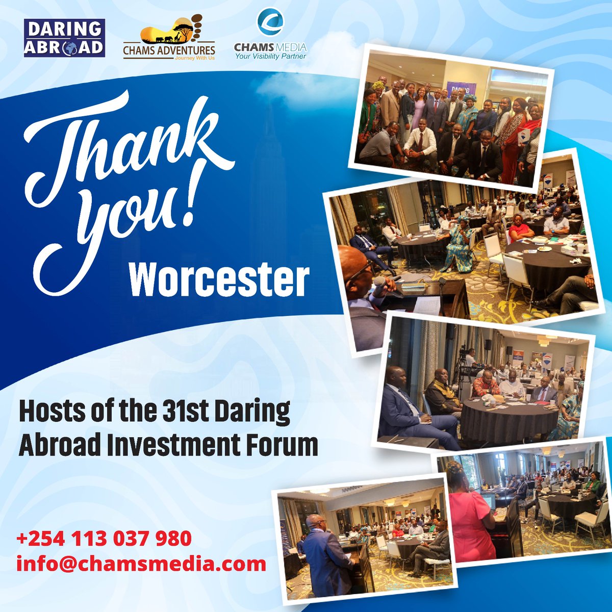 Chams Media (@chamsmedia) on Twitter photo Thank you Worcester!
We're glad we came and grateful that you showed up with love.
#DaringAbroadForums #BeyondRemittances
<a href="/AlexChamwada/">AlexChamwada OGW, MBS</a>
<a href="/RickOkinda/">Rick Okinda</a>
<a href="/CentumRE/">Centum Real Estate</a>
<a href="/JephneiNyakwama/">Jeph Orina, Esq</a>
<a href="/Flysafarilink/">Safarilink Aviation Limited</a>
<a href="/UseLemfi/">LemFi</a>
<a href="/KenyaAirways/">Kenya Airways</a>
<a href="/ChamsLodwar/">Chams Media Lodwar</a>
<a href="/ChamsAdventures/">Chams Adventures</a> Thank you Worcester!
We're glad we came and grateful that you showed up with love.
#DaringAbroadForums #BeyondRemittances
<a href="/AlexChamwada/">AlexChamwada OGW, MBS</a>
<a href="/RickOkinda/">Rick Okinda</a>
<a href="/CentumRE/">Centum Real Estate</a>
<a href="/JephneiNyakwama/">Jeph Orina, Esq</a>
<a href="/Flysafarilink/">Safarilink Aviation Limited</a>
<a href="/UseLemfi/">LemFi</a>
<a href="/KenyaAirways/">Kenya Airways</a>
<a href="/ChamsLodwar/">Chams Media Lodwar</a>
<a href="/ChamsAdventures/">Chams Adventures</a>