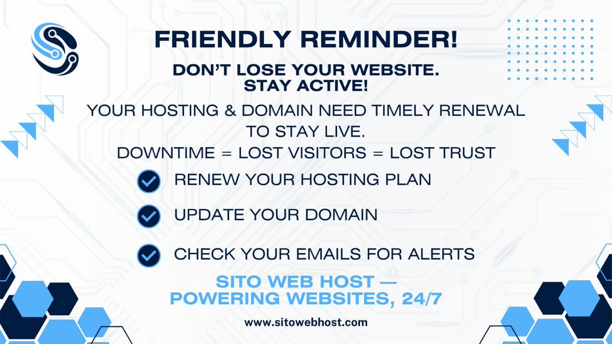 sparksailspk's tweet image. Friendly reminder — expired hosting or domain can take your website offline.Stay active and trusted.
Renew hosting
Update domain
Check email alerts sitowebhost.com
WhatsApp: +92 330 6897500
#SitoWebHost #HostingRenewal #StayOnline #WebHostingPakistan #DigitalBusiness