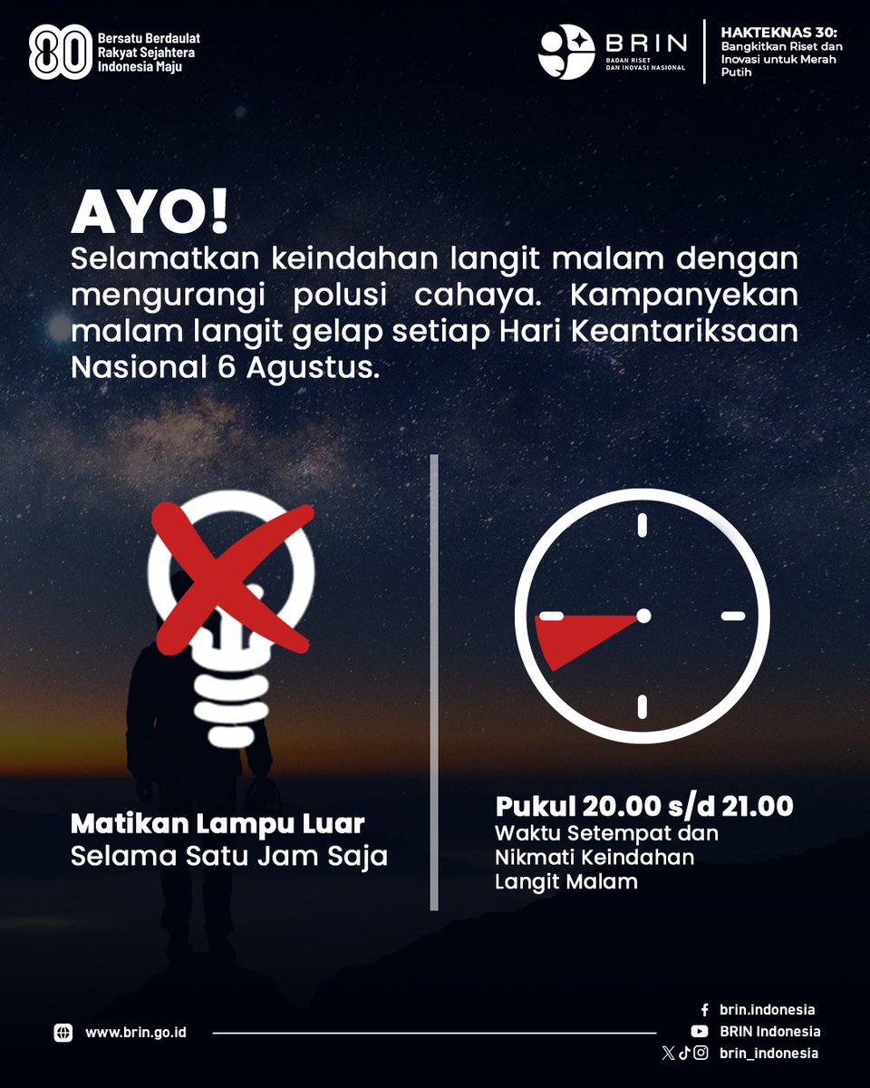 ✨ Selamat Hari Keantariksaan Nasional!

Hari ini, 6 Agustus 2025, kita rayakan semangat eksplorasi langit dan luar angkasa. Yuk, berkontribusi menjaga keindahan langit malam Indonesia. 

💡 Matikan lampu luar selama 1 jam saja, pukul 20.00–21.00 waktu setempat.

Kurangi polusi