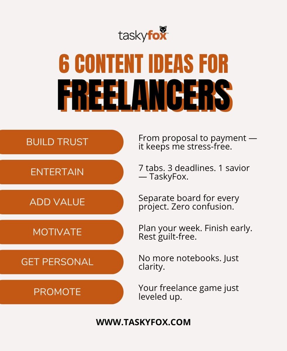 taskyfoxapp's tweet photo. 6 Content Ideas for Freelancers

https://t.co/GYLLfst5Gi

#TaskyFox #FreelancingLife #WorkYourWay #NoLimits #FlexibleWork #RemoteWork #FreelancerOpportunities https://t.co/IVNgE0TcDk