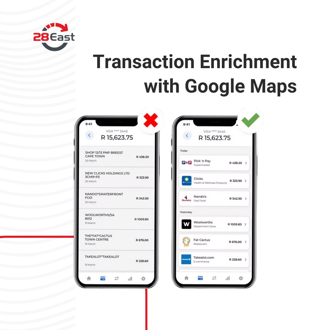 28East's tweet image. 28East has partnered with @SnowdropAPI  to bring cutting-edge transaction enrichment technology to South African banks.

Discover more about this solution: 28east.co.za

#Fintech #GoogleMaps