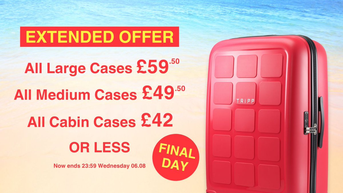 EXTENDED OFFER! All Larges £59.50, All Mediums £49.50, All Cabins £42!
Hurry, final day to shop the offer: tripp.co.uk/suitcases/c3-a… #trippluggage #travelwithtripp