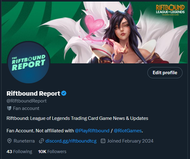 Marshall (@kieron_marshall) on Twitter photo I just hit 10k followers on <a href="/RiftboundReport/">Riftbound Report</a>!
Thank you to everyone who has followed π I just hit 10k followers on <a href="/RiftboundReport/">Riftbound Report</a>!
Thank you to everyone who has followed π