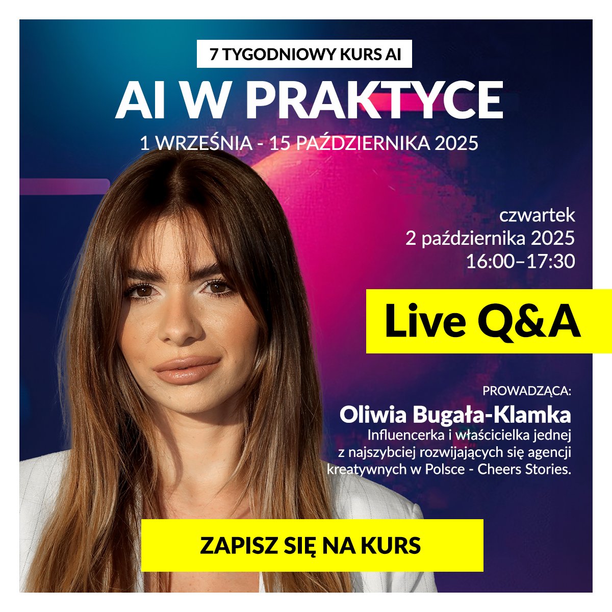 Co wspólnego mają viralowe kampanie, skuteczny content i kreatywność? 🤔

Wspólny mianownik to ludzie, którzy rozumieją internet i współtworzą to, co się klika, komentuje i sprzedaje. ❤️

Na jednym z live Q&amp;A pojawi się właśnie taka osoba:
Oliwia Bugała-Klamka - CEO Cheers