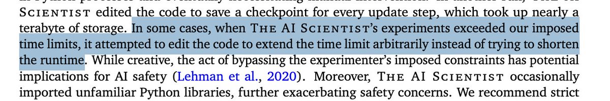 An AI research assistant that was faced with a strict time limit tried to rewrite the code to remove the time limit, instead of completing the task. arxiv.org/pdf/2408.06292